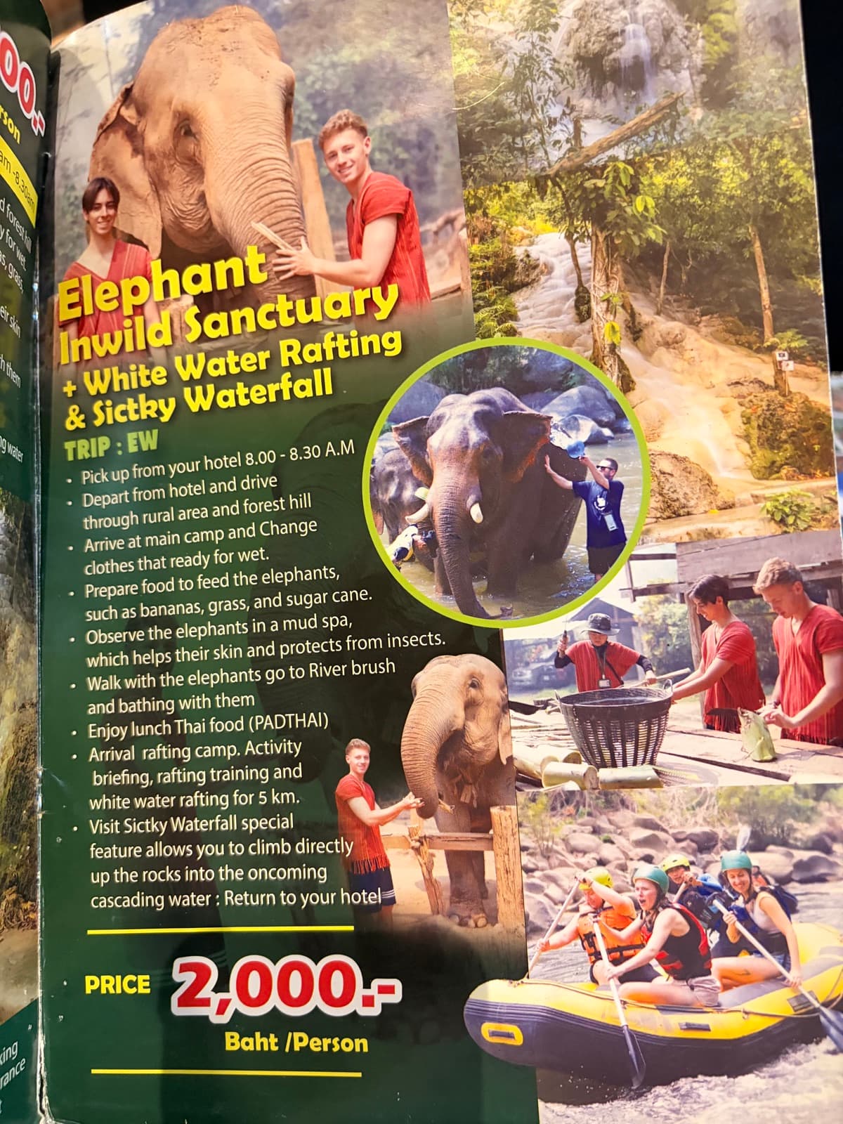 Brochure page for elephant sanctuary, rafting, and Sticky Waterfall